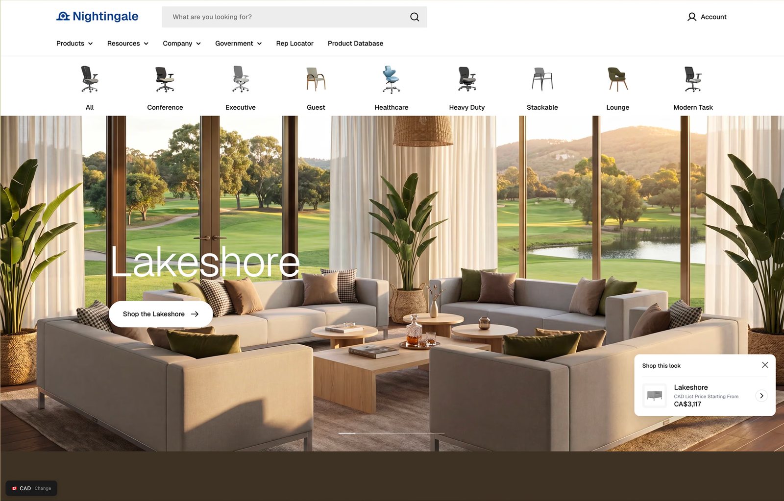 The new Nightingale home page featuring the Lakeshore lounge collection, with the category rail, a Shop the Lakeshore button, and a Shop this look card showing the CAD list price