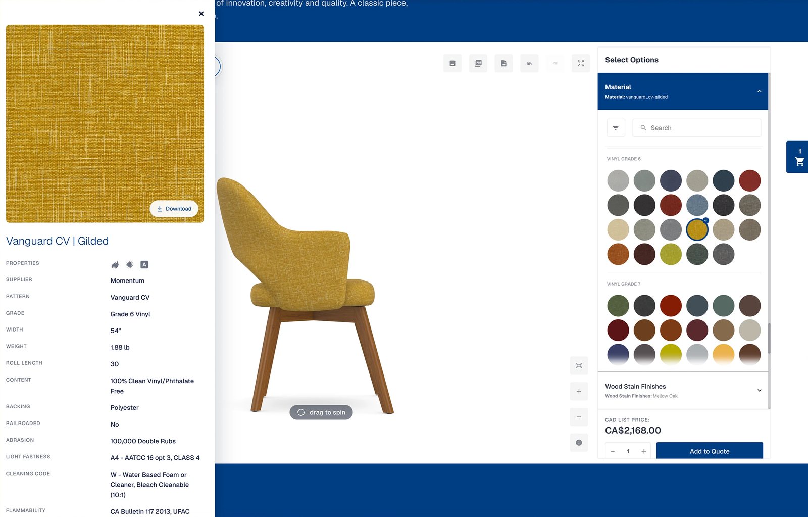 The new configurator with the textile spec drawer open: Vanguard CV Gilded, with supplier, grade, width, content, abrasion, light fastness, cleaning code and flammability listed beside the chair