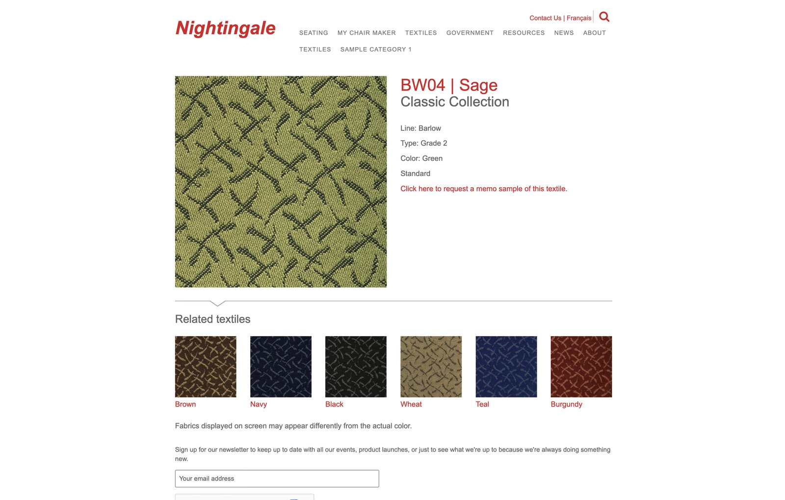 The old textile detail page for BW04 Sage with a fabric scan and a list of plain-text attributes